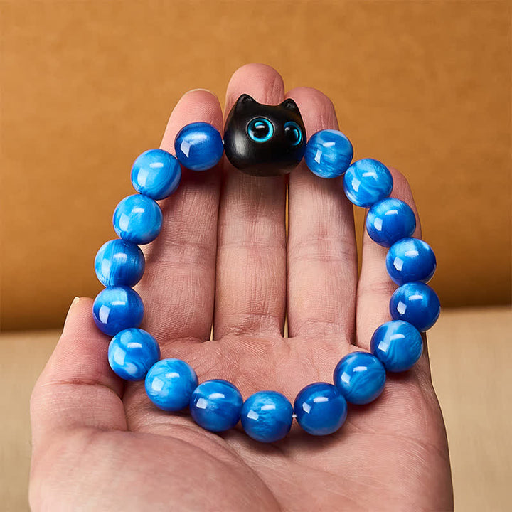 Buddha Stones Blue Resin Beads Ebony Wood Cat Balance Bracelet - image 5
