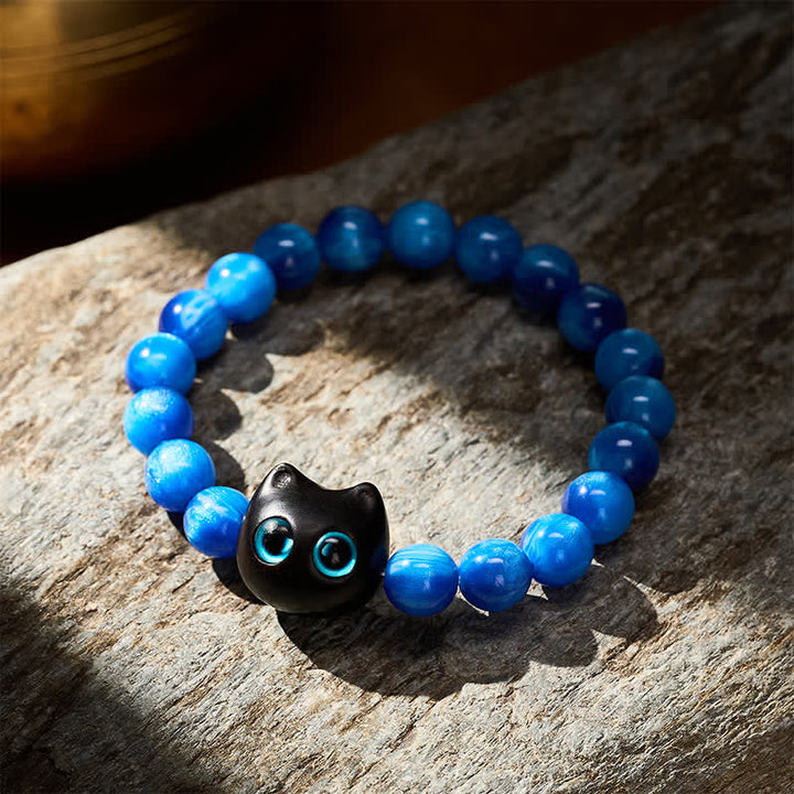 Buddha Stones Blue Resin Beads Ebony Wood Cat Balance Bracelet - image 12