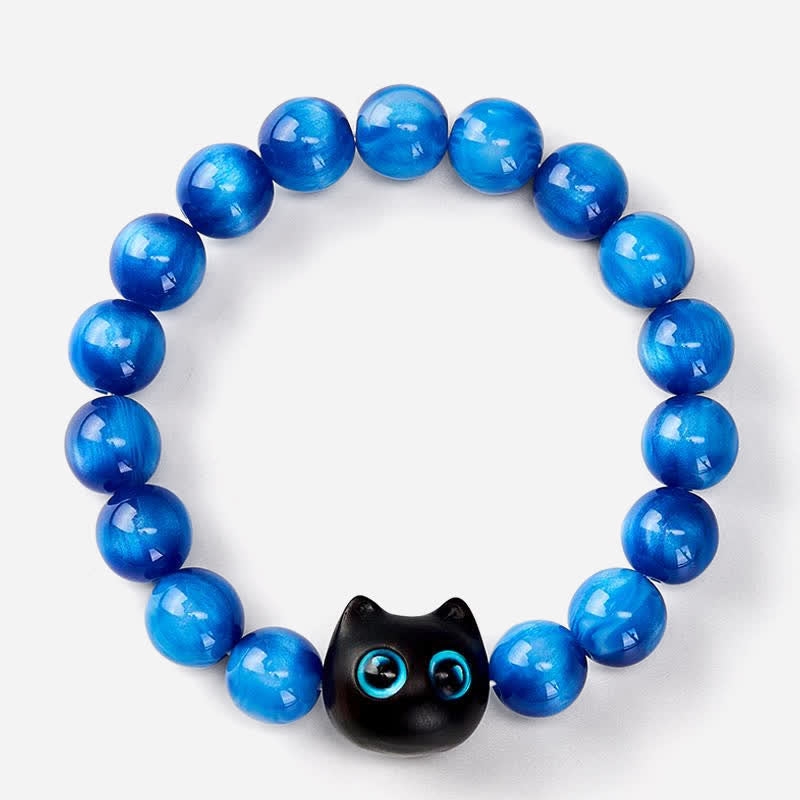 Buddha Stones Blue Resin Beads Ebony Wood Cat Balance Bracelet - image 2