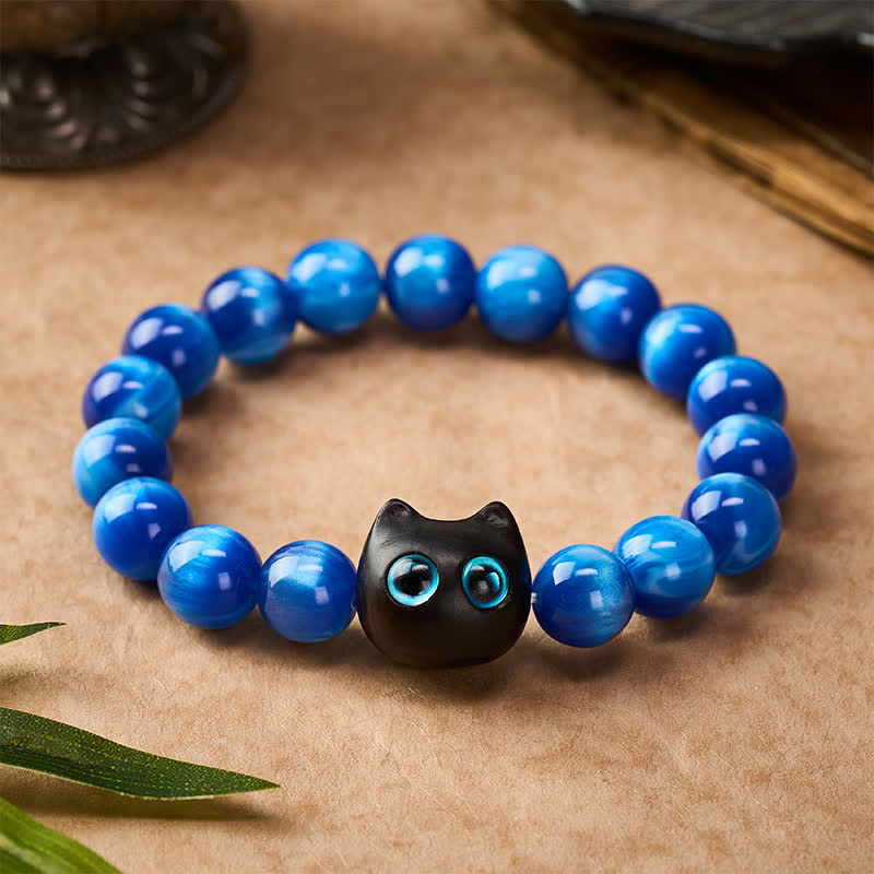 Buddha Stones Blue Resin Beads Ebony Wood Cat Balance Bracelet - image 1