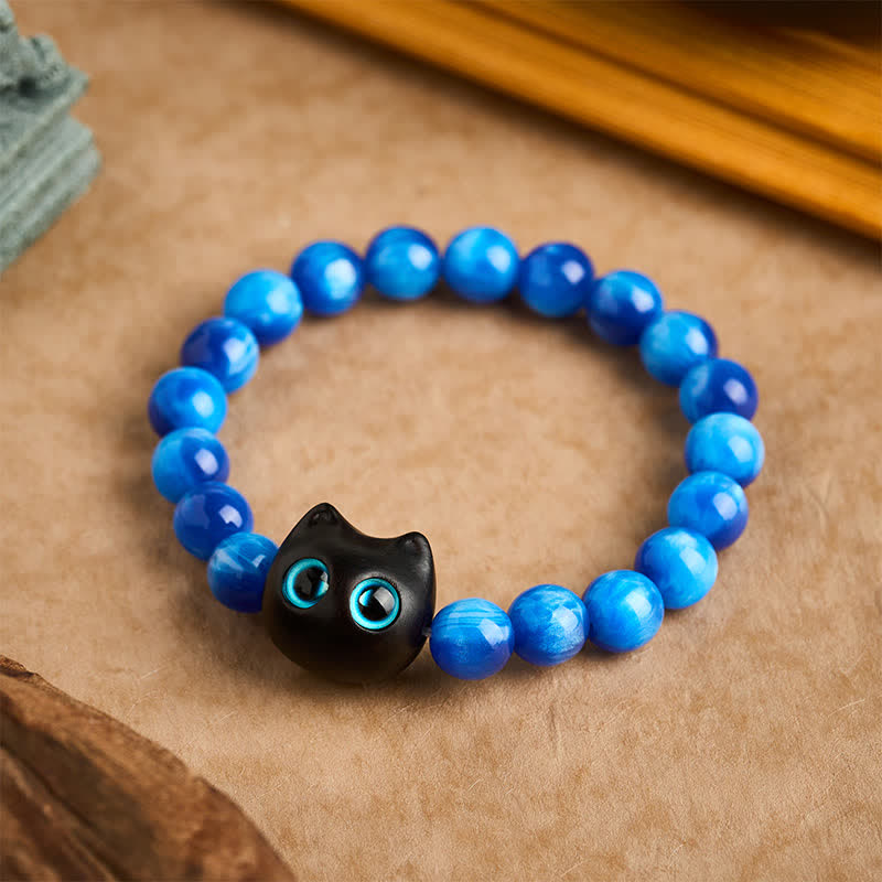 Buddha Stones Blue Resin Beads Ebony Wood Cat Balance Bracelet - 10 mm(Wrist Circumference: 6.3-6.7  in / 16-17cm) - image 9