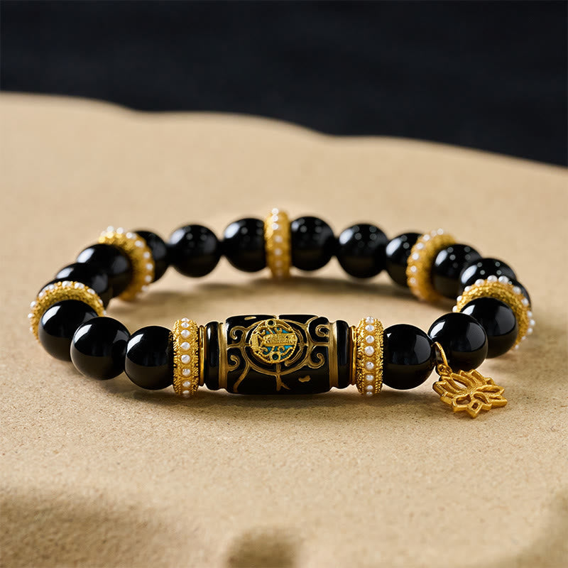 Buddha Stones Black Obsidian Resin Barrel Bead Lotus Pendant Protection Round Bead Bracelet - image 7