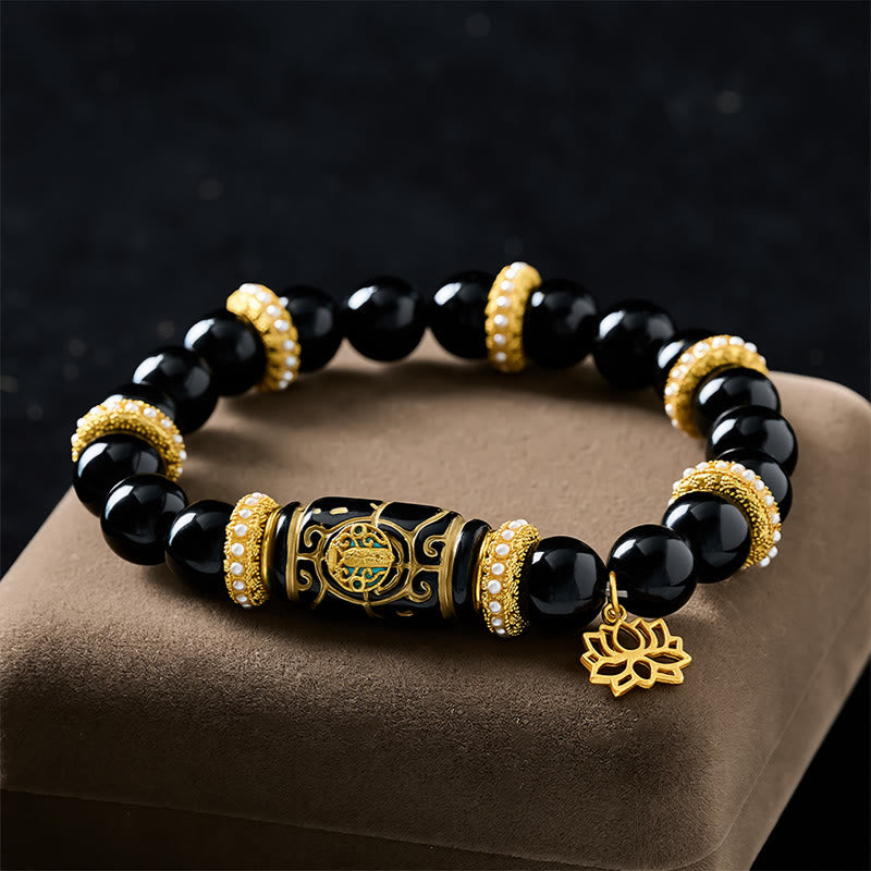 Buddha Stones Black Obsidian Resin Barrel Bead Lotus Pendant Protection Round Bead Bracelet - image 1