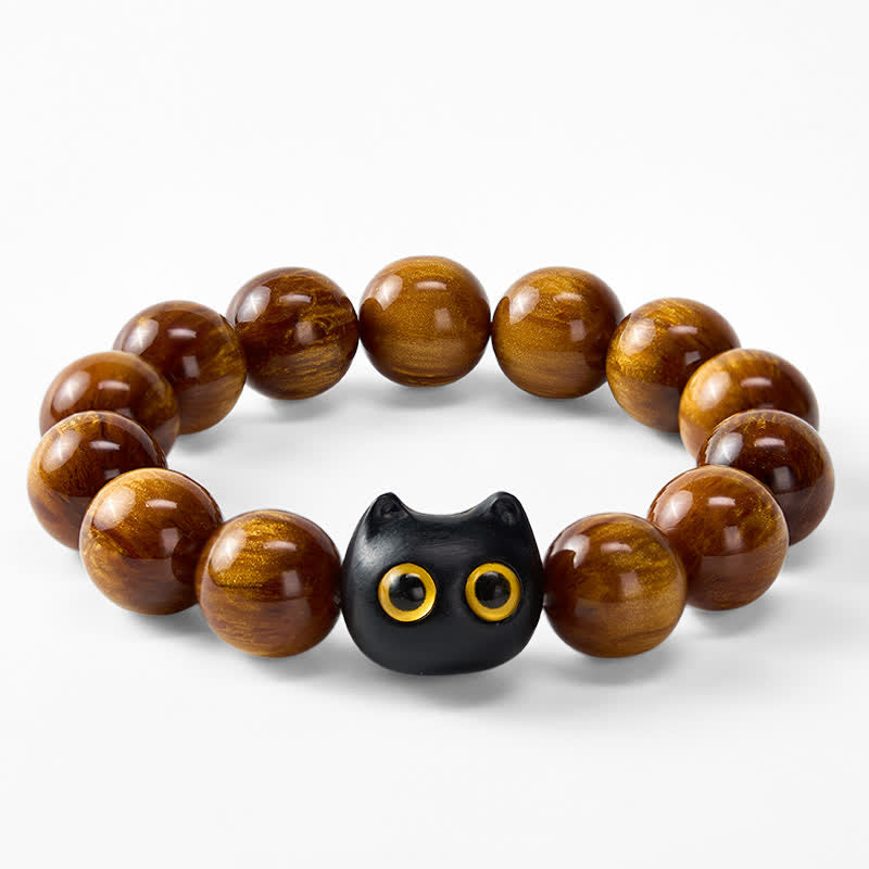 Buddha Stones Yellow Resin Beads Yellow Eyes Ebony Wood Cat Calm Bracelet - image 14