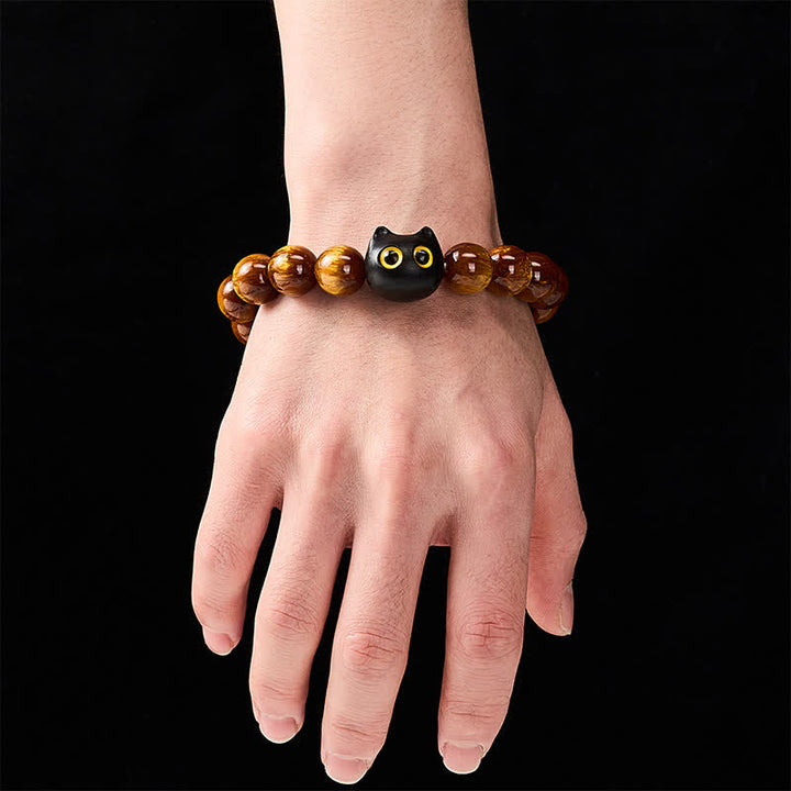 Buddha Stones Yellow Resin Beads Yellow Eyes Ebony Wood Cat Calm Bracelet - image 4