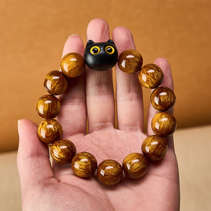 Buddha Stones Yellow Resin Beads Yellow Eyes Ebony Wood Cat Calm Bracelet - image 13