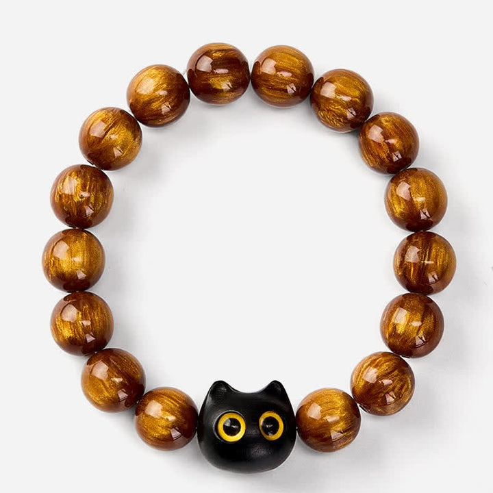Buddha Stones Yellow Resin Beads Yellow Eyes Ebony Wood Cat Calm Bracelet - image 2