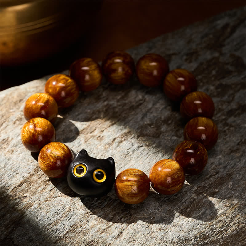Buddha Stones Yellow Resin Beads Yellow Eyes Ebony Wood Cat Calm Bracelet - image 12