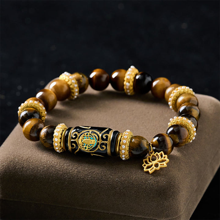 Buddha Stones Natural Yellow Tiger Eye Resin Barrel Bead Lotus Pendant Confidence Round Bead Bracelet - image 1