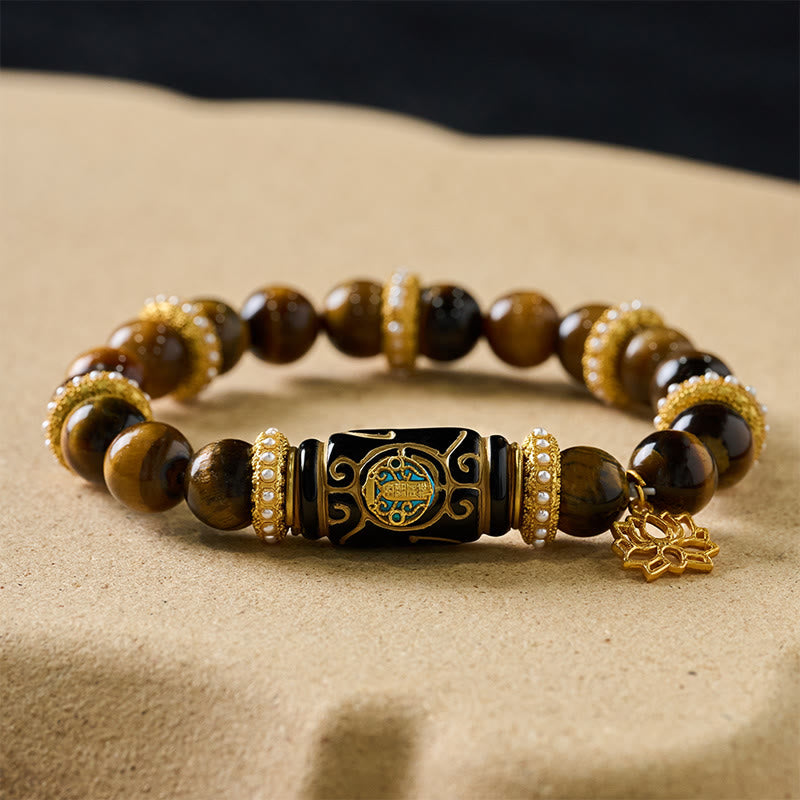 Buddha Stones Natural Yellow Tiger Eye Resin Barrel Bead Lotus Pendant Confidence Round Bead Bracelet - image 7