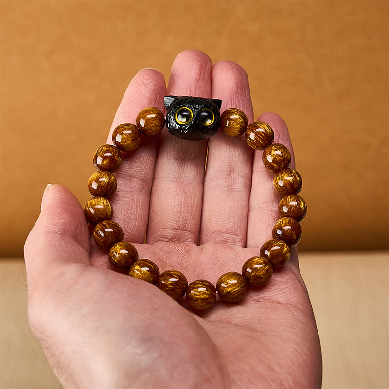 Buddha Stones Yellow Resin Beads Ebony Wood Cat Peace Bracelet - image 7