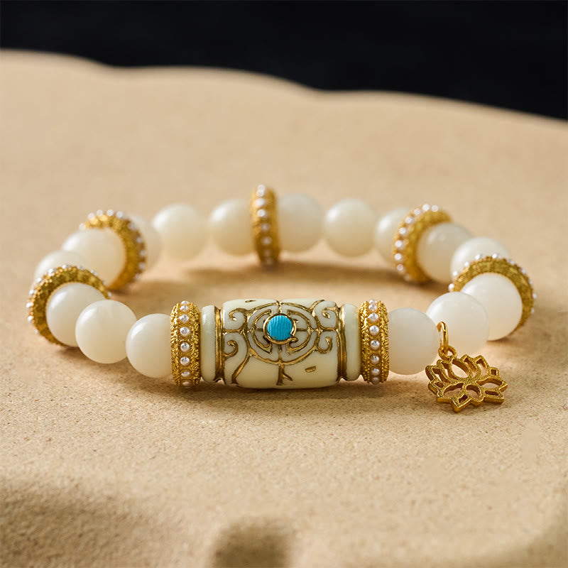 Buddha Stones White Bodhi Seed Resin Barrel Bead Lotus Pendant Round Meditation Bracelet - image 1