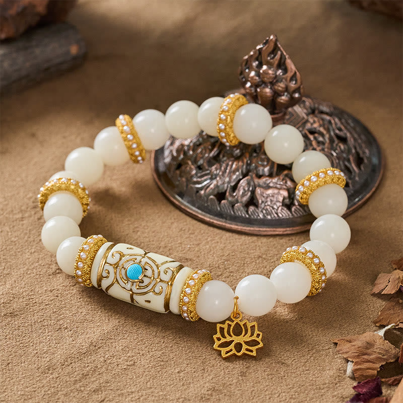 Buddha Stones White Bodhi Seed Resin Barrel Bead Lotus Pendant Round Meditation Bracelet - image 3