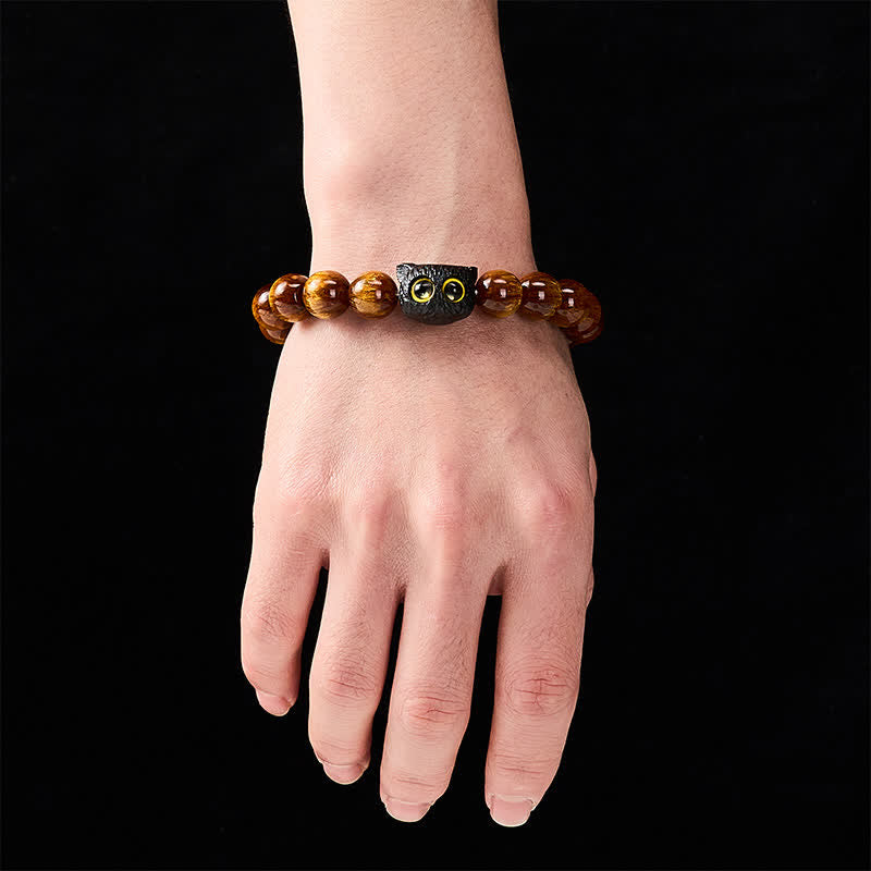 Buddha Stones Yellow Resin Beads Ebony Wood Cat Peace Bracelet - image 12