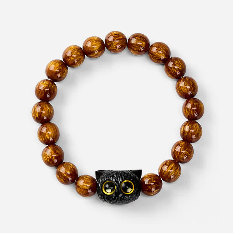 Buddha Stones Yellow Resin Beads Ebony Wood Cat Peace Bracelet - image 3
