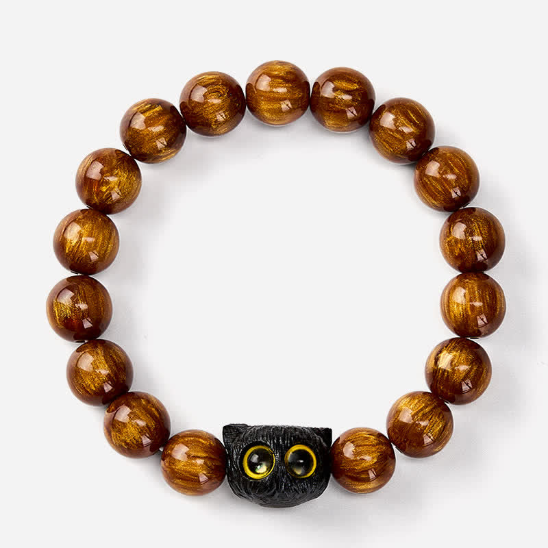 Buddha Stones Yellow Resin Beads Ebony Wood Cat Peace Bracelet - image 14