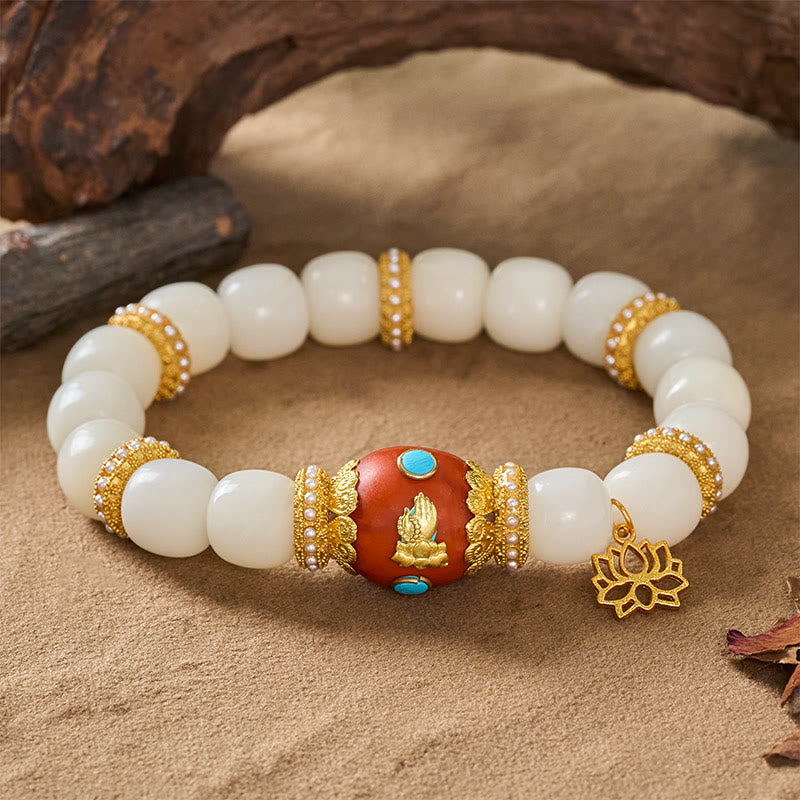Buddha Stones White Bodhi Seed Tibetan Engraved Orange Oval Lotus Pendant Blessing Bead Bracelet - image 8
