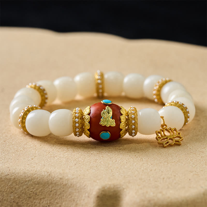 Buddha Stones White Bodhi Seed Tibetan Engraved Orange Oval Lotus Pendant Blessing Bead Bracelet - image 1