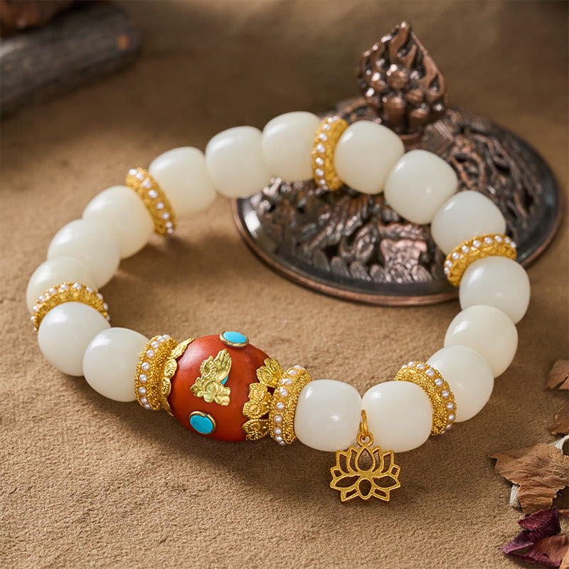 Buddha Stones White Bodhi Seed Tibetan Engraved Orange Oval Lotus Pendant Blessing Bead Bracelet - image 2
