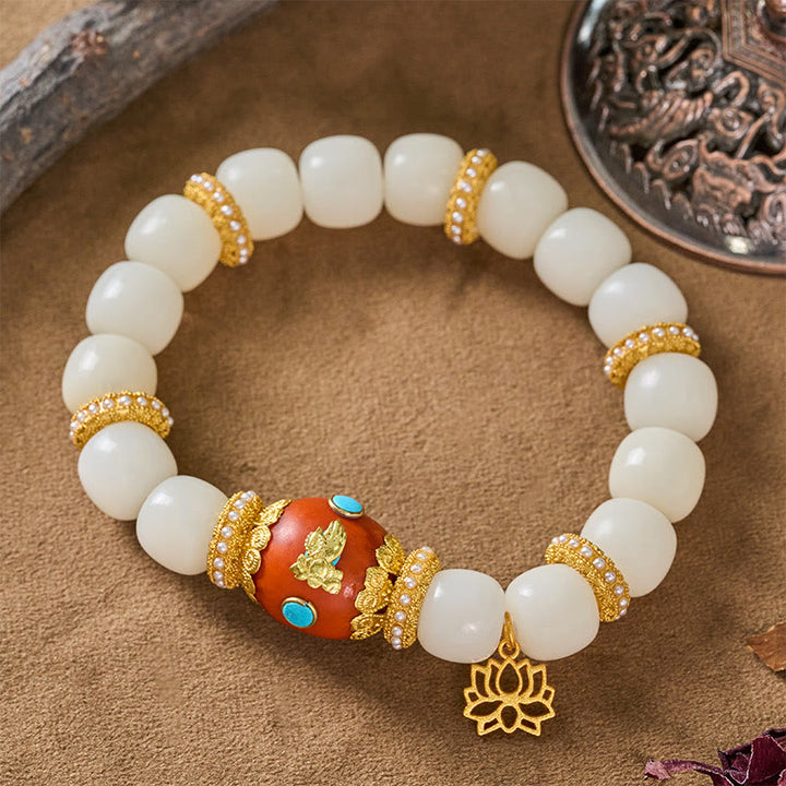Buddha Stones White Bodhi Seed Tibetan Engraved Orange Oval Lotus Pendant Blessing Bead Bracelet - image 3