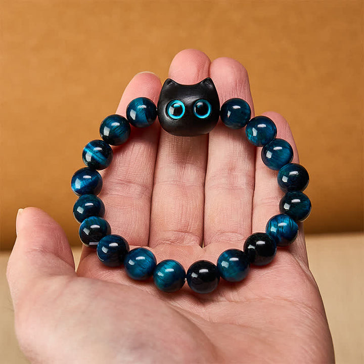 Buddha Stones Blue Tiger Eye Ebony Wood Cat Strength Bracelet - image 5