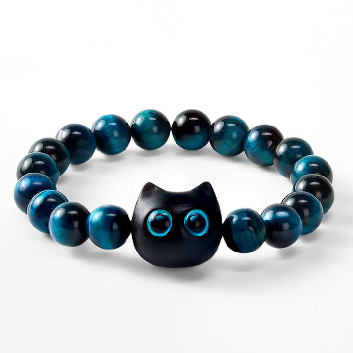 Buddha Stones Blue Tiger Eye Ebony Wood Cat Strength Bracelet - image 6