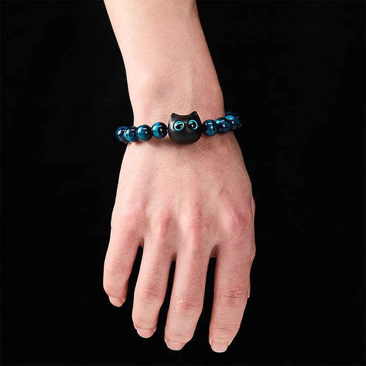 Buddha Stones Blue Tiger Eye Ebony Wood Cat Strength Bracelet - image 4
