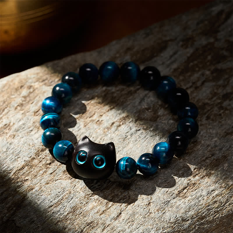 Buddha Stones Blue Tiger Eye Ebony Wood Cat Strength Bracelet - image 3