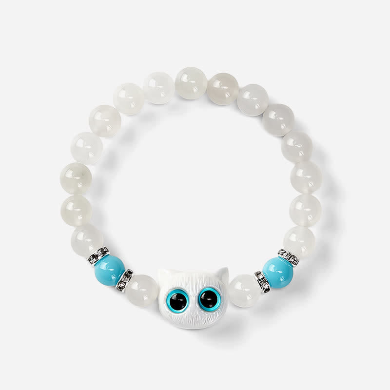 Buddha Stones White Jade Black Obsidian Cute Cat Head Purity Beaded Bracelet - image 8