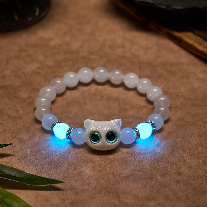 Buddha Stones White Jade Black Obsidian Cute Cat Head Purity Beaded Bracelet - White Jade(Wrist Circumference: 15–16 cm) - image 0