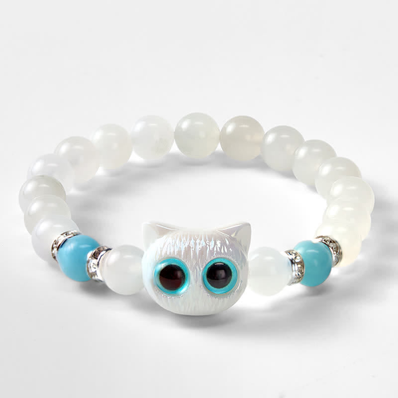 Buddha Stones White Jade Black Obsidian Cute Cat Head Purity Beaded Bracelet - image 9