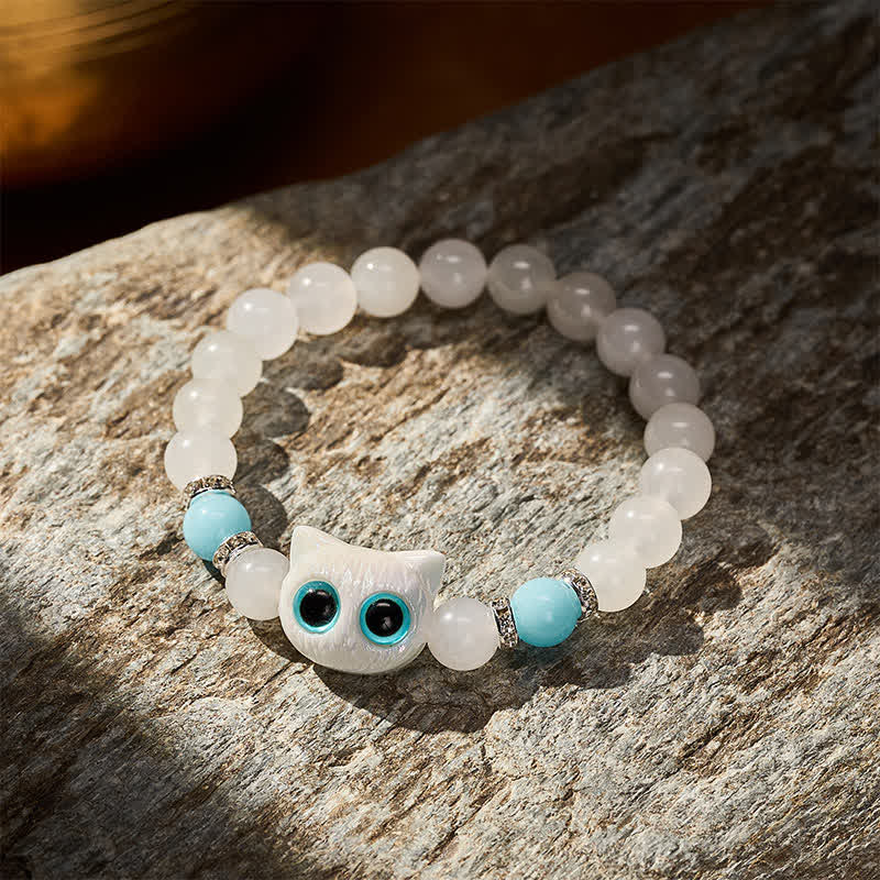 Buddha Stones White Jade Black Obsidian Cute Cat Head Purity Beaded Bracelet - image 2