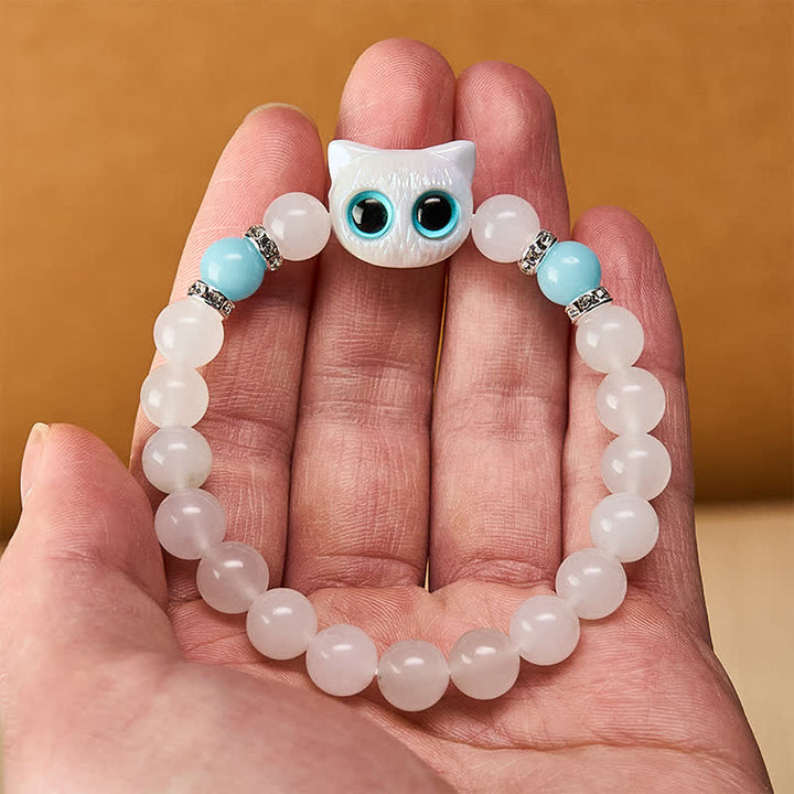 Buddha Stones White Jade Black Obsidian Cute Cat Head Purity Beaded Bracelet - image 5