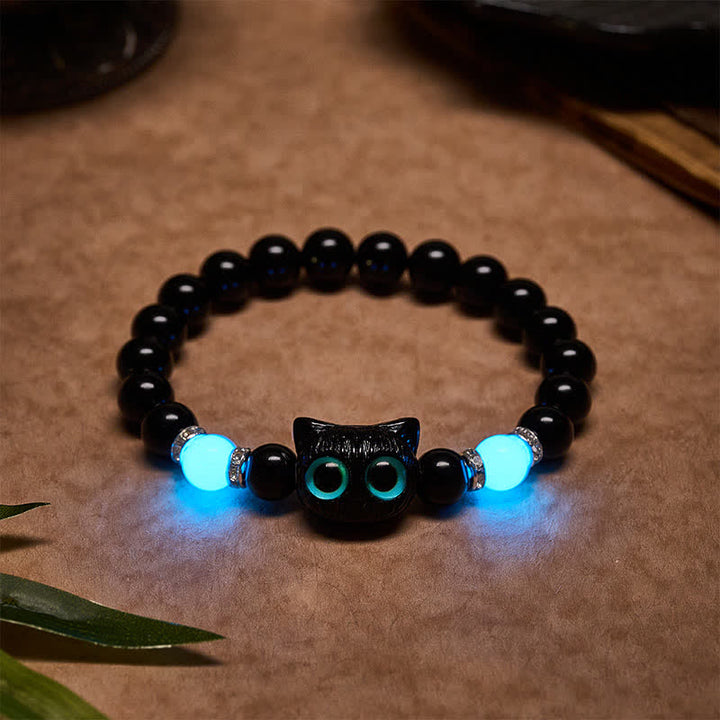 Buddha Stones White Jade Black Obsidian Cute Cat Head Purity Beaded Bracelet - Black Obsidian(Wrist Circumference: 15–16 cm) - image 12