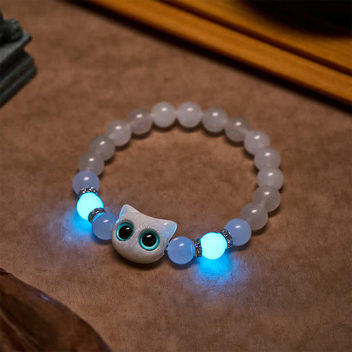 Buddha Stones White Jade Black Obsidian Cute Cat Head Purity Beaded Bracelet - image 6