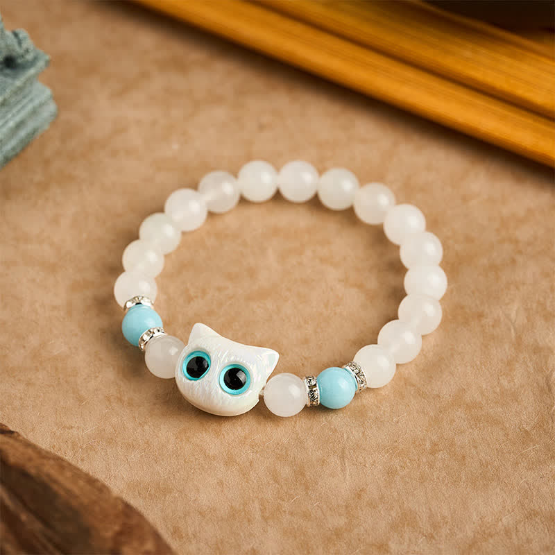 Buddha Stones White Jade Black Obsidian Cute Cat Head Purity Beaded Bracelet - image 1