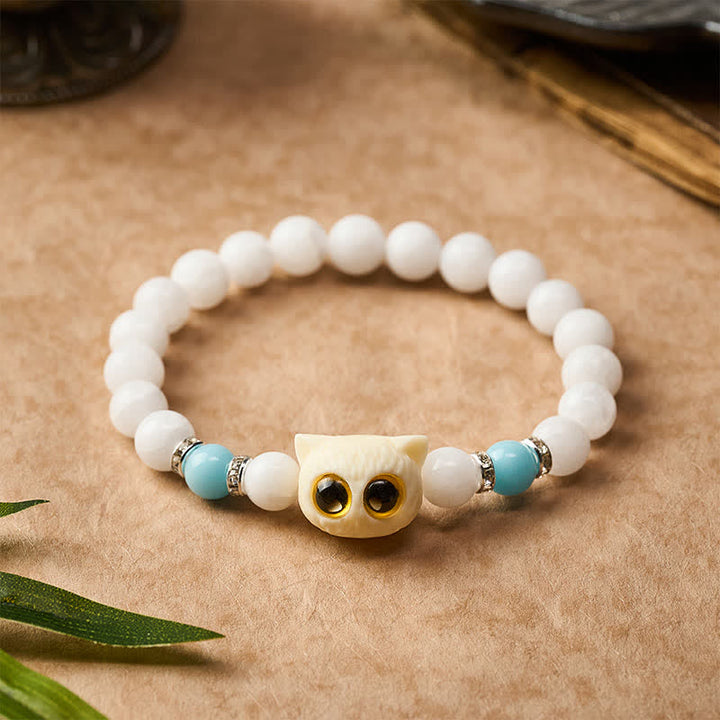 Buddha Stones Black Obsidian White Chalcedony Big-Eye Cat Head Purity Bead Bracelet - image 2