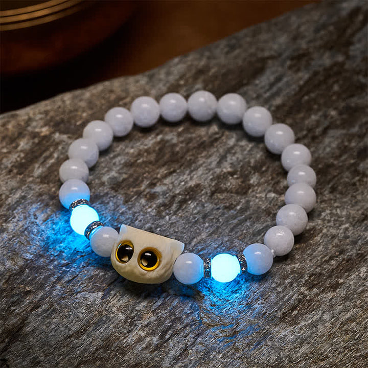 Buddha Stones Black Obsidian White Chalcedony Big-Eye Cat Head Purity Bead Bracelet - image 4