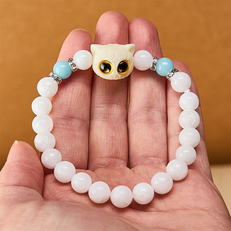 Buddha Stones Black Obsidian White Chalcedony Big-Eye Cat Head Purity Bead Bracelet - image 6