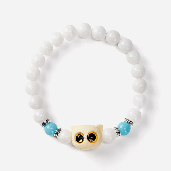 Buddha Stones Black Obsidian White Chalcedony Big-Eye Cat Head Purity Bead Bracelet - image 8