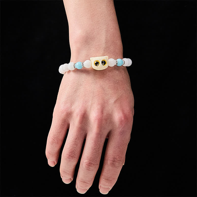Buddha Stones Black Obsidian White Chalcedony Big-Eye Cat Head Purity Bead Bracelet - image 4