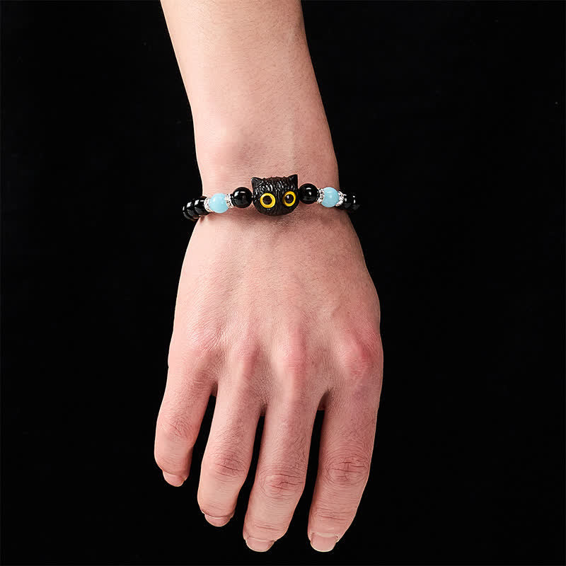 Buddha Stones Black Obsidian White Chalcedony Big-Eye Cat Head Purity Bead Bracelet - image 19