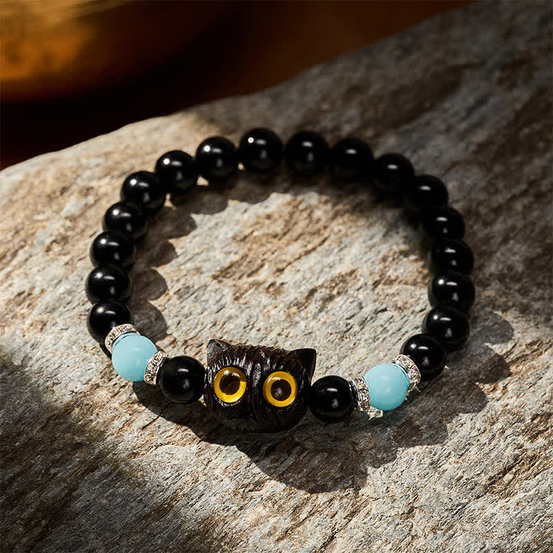 Buddha Stones Black Obsidian White Chalcedony Big-Eye Cat Head Purity Bead Bracelet - image 20