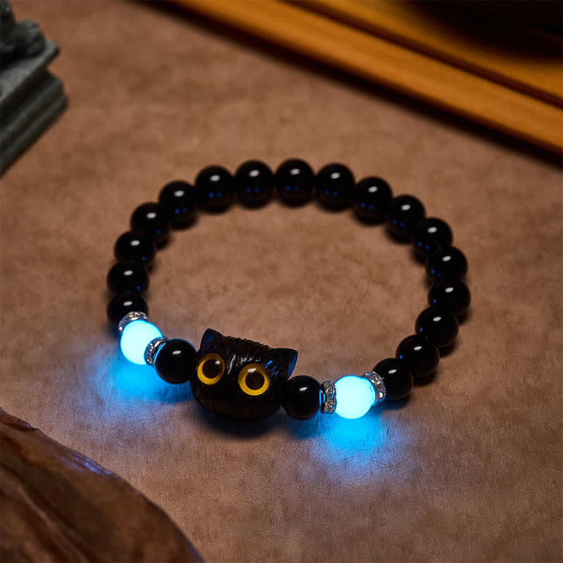 Buddha Stones Black Obsidian White Chalcedony Big-Eye Cat Head Purity Bead Bracelet - image 18