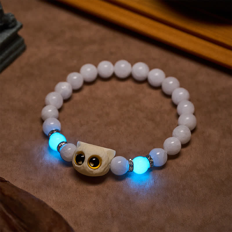 Buddha Stones Black Obsidian White Chalcedony Big-Eye Cat Head Purity Bead Bracelet - image 6