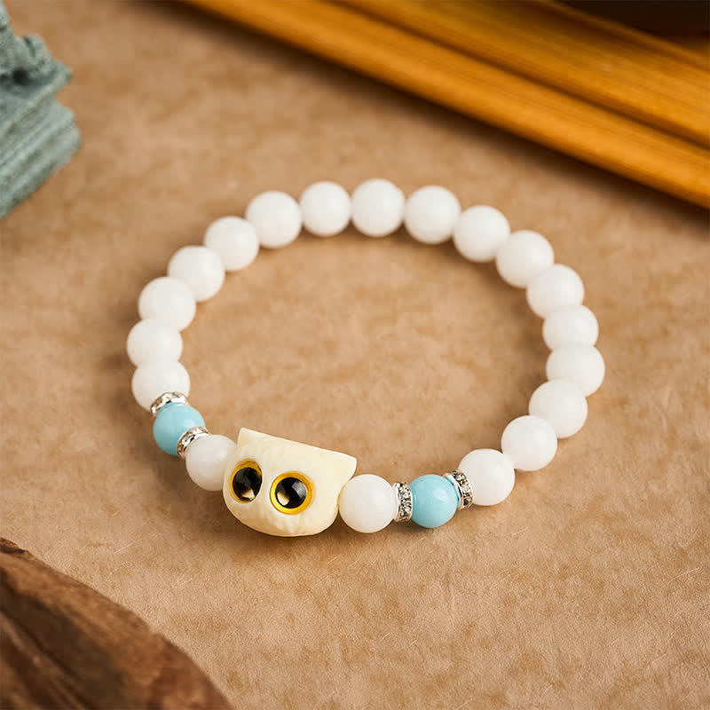 Buddha Stones Black Obsidian White Chalcedony Big-Eye Cat Head Purity Bead Bracelet - image 2