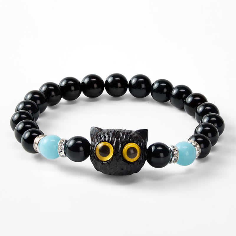 Buddha Stones Black Obsidian White Chalcedony Big-Eye Cat Head Purity Bead Bracelet - image 23