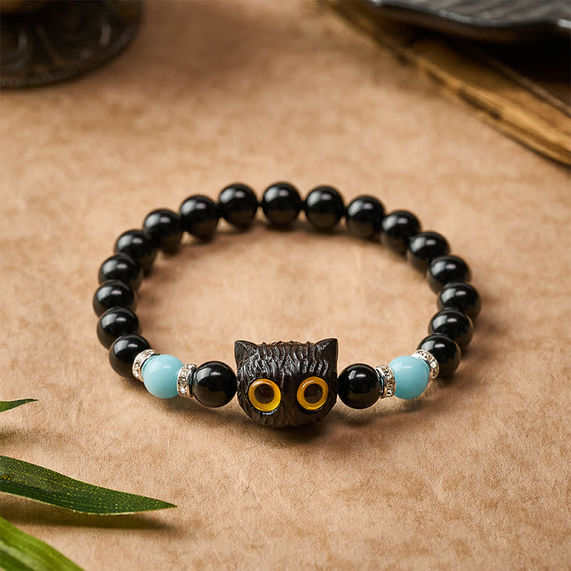 Buddha Stones Black Obsidian White Chalcedony Big-Eye Cat Head Purity Bead Bracelet - image 21