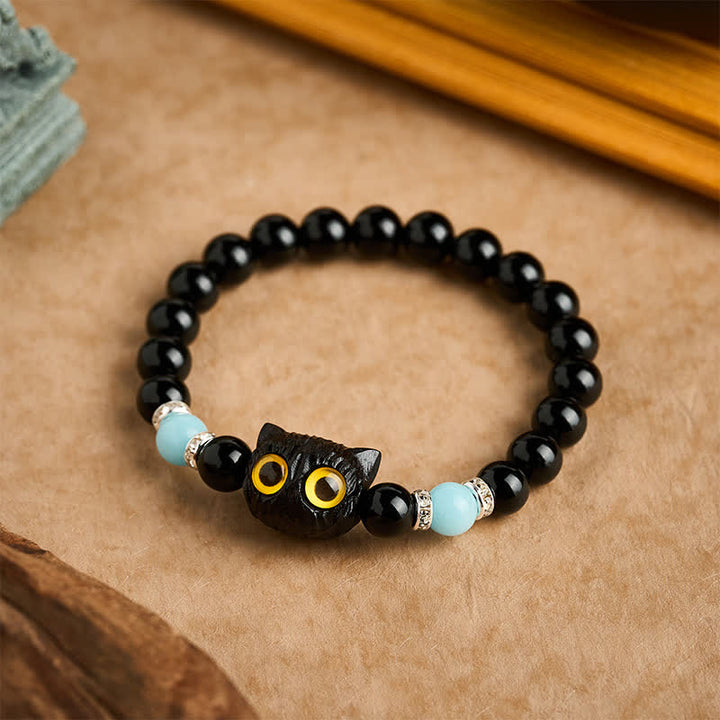 Buddha Stones Black Obsidian White Chalcedony Big-Eye Cat Head Purity Bead Bracelet - image 16