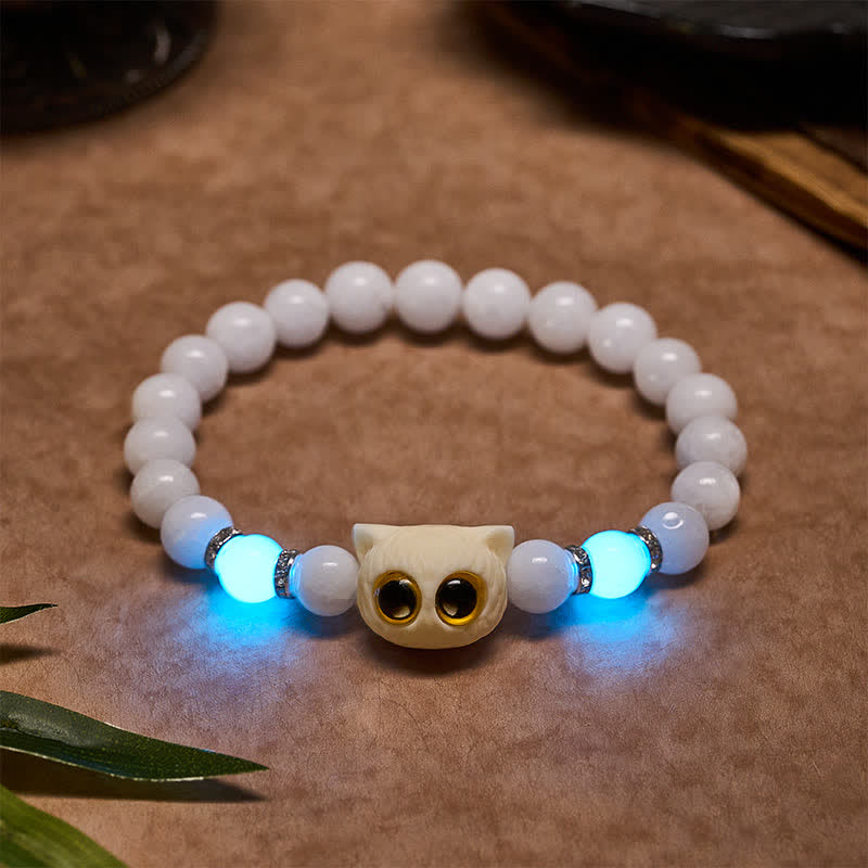 Buddha Stones Black Obsidian White Chalcedony Big-Eye Cat Head Purity Bead Bracelet - White Chalcedony (Wrist Circumference: 15–16 cm) - 8mm - image 1